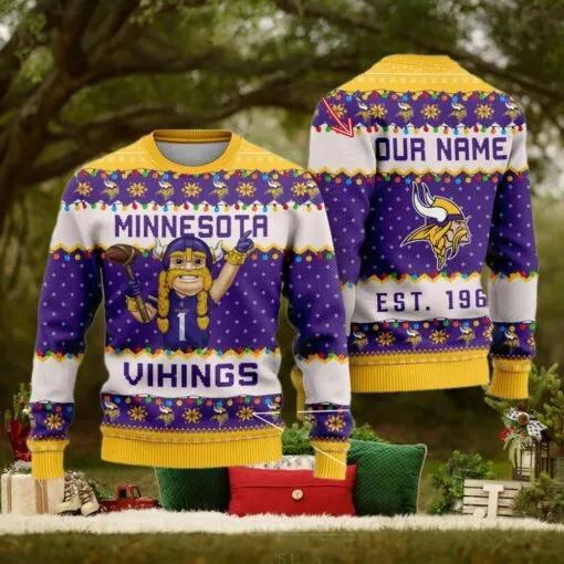 NFL Minnesota Vikings Cute Mascot Custom Ugly Christmas Sweater, NFL Chritsmas Sweater Moonbestprint