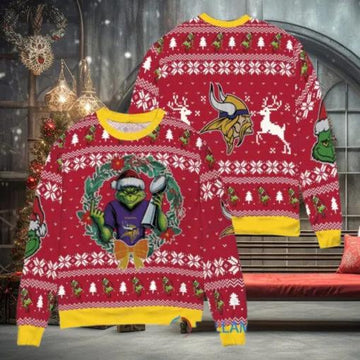 NFL Minnesota Vikings x Grinch Dr. Seuss How the Grinch Stole Christmas with Super Bowl Trophy Ugly Christmas Sweater, NFL Chritsmas Sweater Moonbestprint