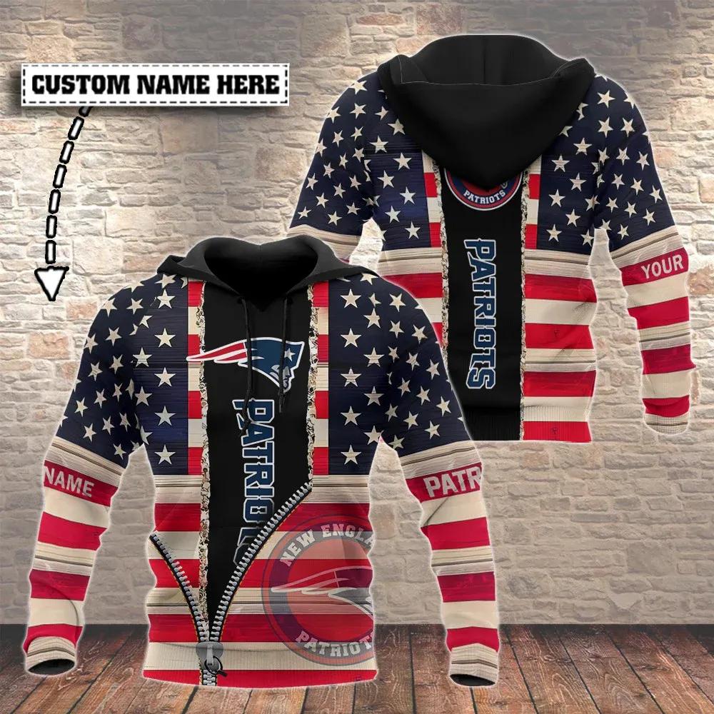 NFL New England Patriots American Flag Zip Personalized 3D Hoodie, NFL Hoodie Moonbestprint