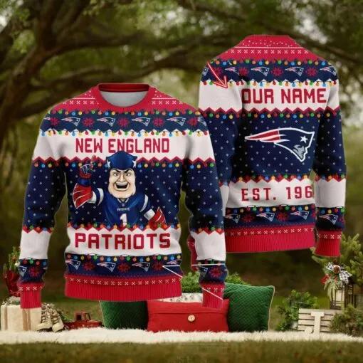 NFL New England Patriots Cute Mascot Custom Ugly Christmas Sweater, NFL Chritsmas Sweater Moonbestprint