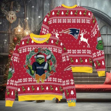 NFL New England Patriots x Grinch  Dr. Seuss How the Grinch Stole Christmas with Super Bowl Trophy Ugly Christmas Sweater, NFL Chritsmas Sweater Moonbestprint