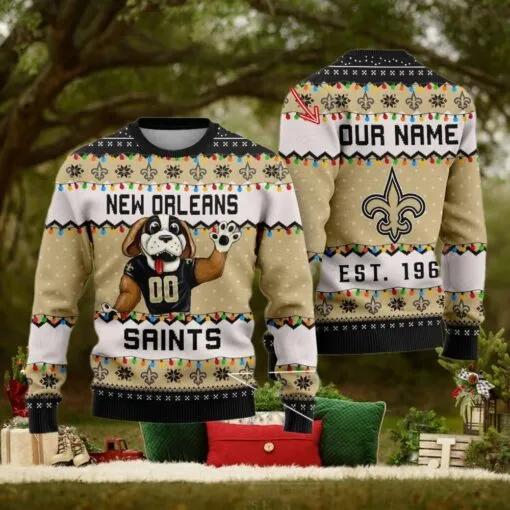 NFL New Orleans Saints Cute Mascot Custom Ugly Christmas Sweater, NFL Chritsmas Sweater Moonbestprint