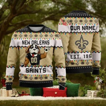 NFL New Orleans Saints Cute Mascot Custom Ugly Christmas Sweater, NFL Chritsmas Sweater Moonbestprint