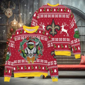 NFL New Orleans Saints x Grinch Dr. Seuss How the Grinch Stole Christmas with Super Bowl Trophy Ugly Christmas Sweater, NFL Chritsmas Sweater Moonbestprint