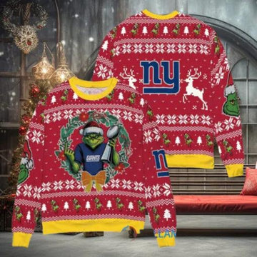 NFL New York Giants x Grinch Dr. Seuss How the Grinch Stole Christmas with Super Bowl Trophy Ugly Christmas Sweater, NFL Chritsmas Sweater Moonbestprint