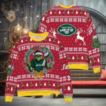 NFL New York Jets x Grinch Dr. Seuss How the Grinch Stole Christmas with Super Bowl Trophy Ugly Christmas Sweater, NFL Chritsmas Sweater Moonbestprint
