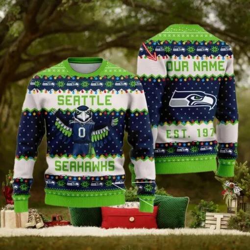 NFL Seattle Seahawks Cute Mascot Custom Ugly Christmas Sweater, NFL Chritsmas Sweater Moonbestprint