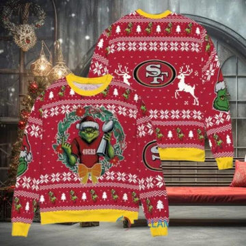 NFLSan Francisco 49ers x Grinch  Dr. Seuss How the Grinch Stole Christmas with Super Bowl Trophy Ugly Christmas Sweater, NFL Chritsmas Sweater Moonbestprint