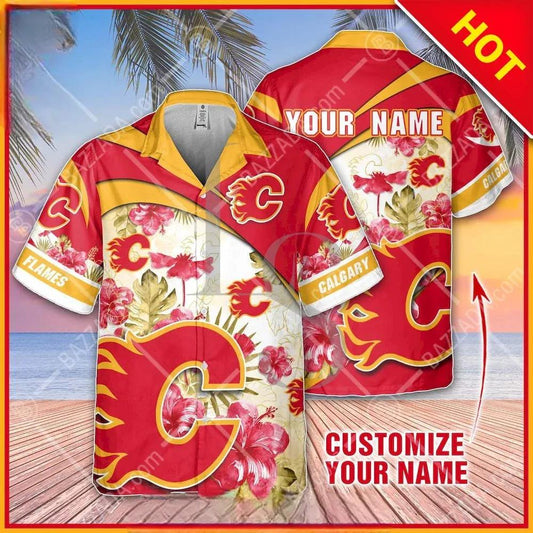NHL Calgary Flames Floral Beach Trip Personalized Hawaiian Shirt, NHL Hawaiian Shirt Moonbestprint