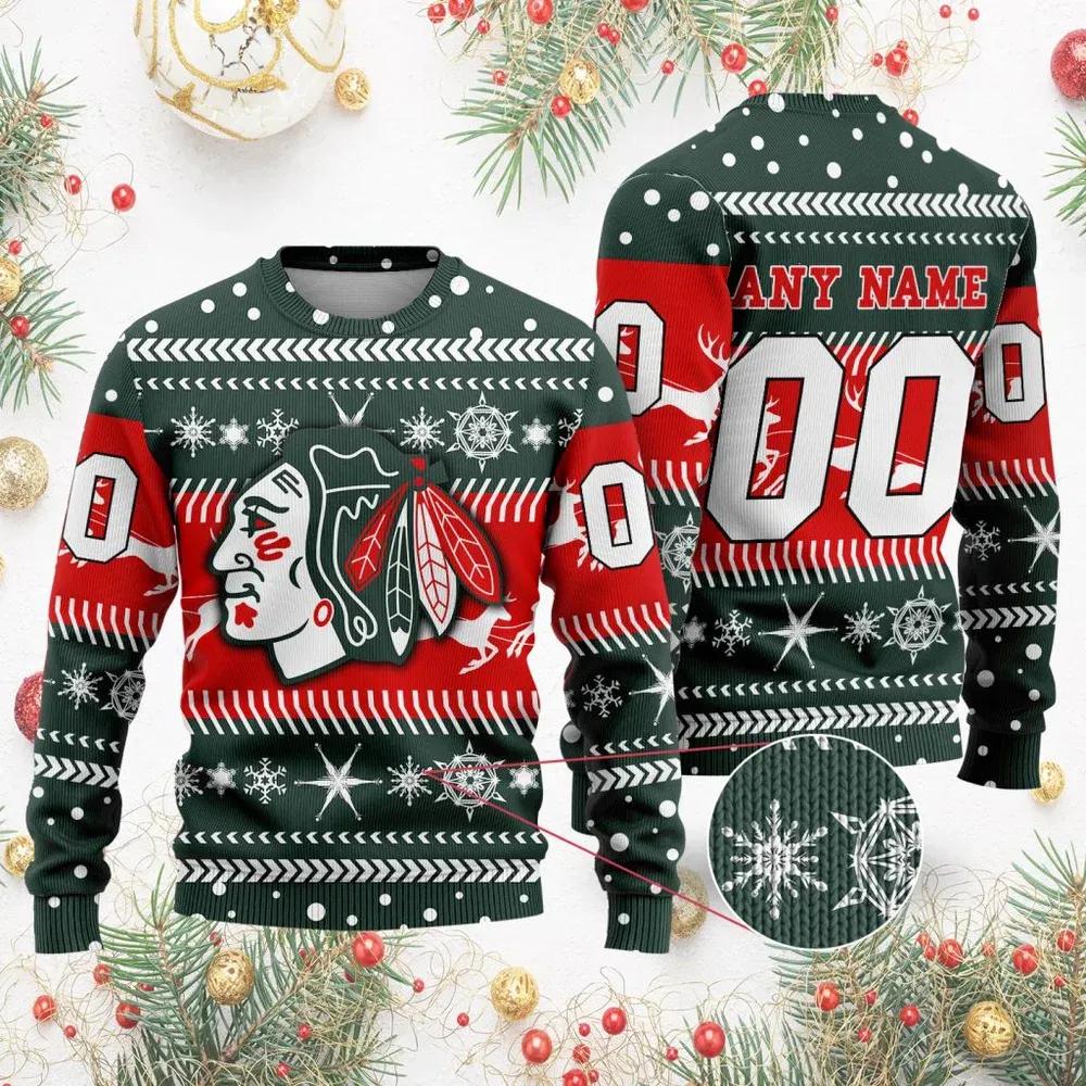 NHL Chicago BlackHawks Personalized Name & Number Ugly Christmas Sweater, NHL Christmas Sweater Moonbestprint