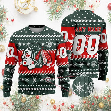 NHL Chicago BlackHawks Personalized Name & Number Ugly Christmas Sweater, NHL Christmas Sweater Moonbestprint