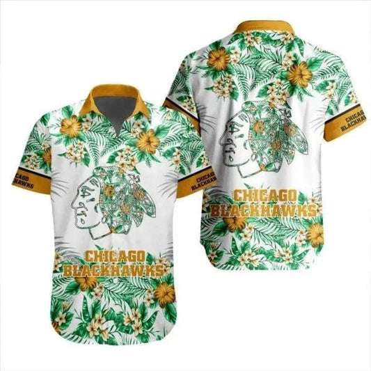 NHL Chicago Blackhawks Flower Pattern White 3D Hawaiian Shirt, NHL Hawaiian Shirt Moonbestprint