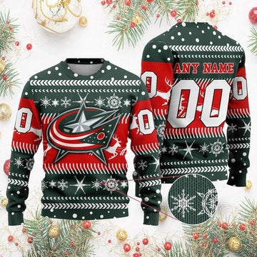 NHL Columbus Blue Jackets Personalized Name & Number Ugly Christmas Sweater, NHL Christmas Sweater Moonbestprint
