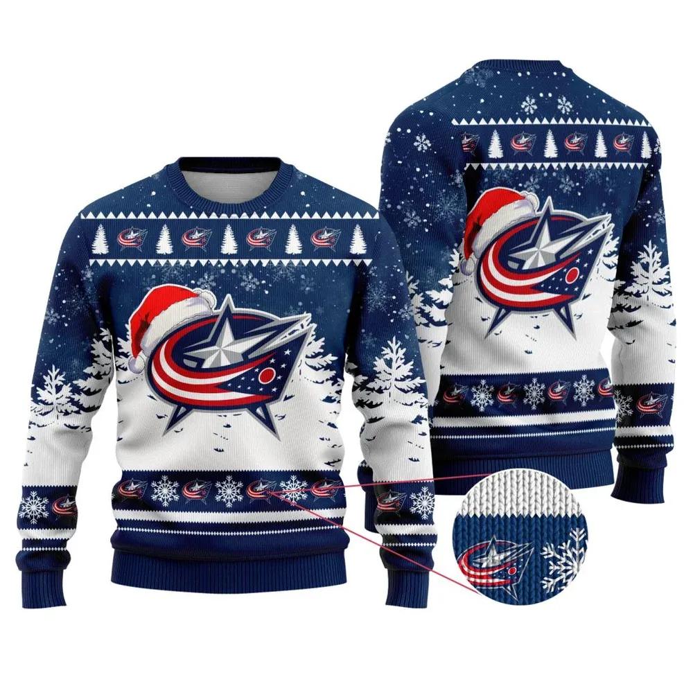 NHL Columbus Blue Jackets Santa Hat Ugly Christmas Sweater, NHL Christmas Sweater Moonbestprint