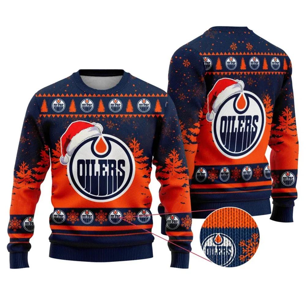 NHL Edmonton Oilers Personalized Santa Hat Ugly Christmas Sweater, NHL Christmas Sweater Moonbestprint