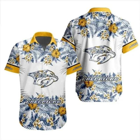 NHL Nashville Predators Flower Pattern White 3D Hawaiian Shirt, NHL Hawaiian Shirt Moonbestprint