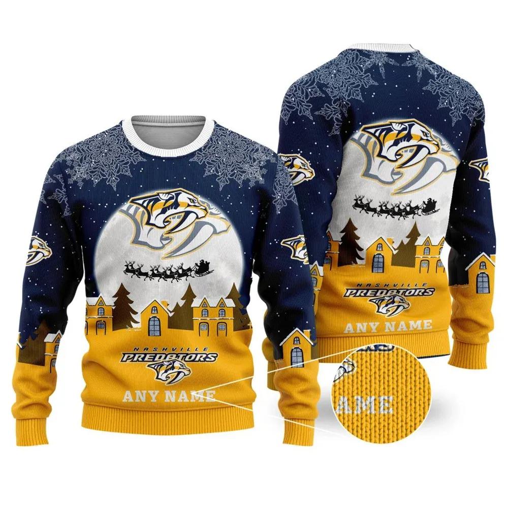 NHL Nashville Predators Personalized Name Ugly Christmas Sweater, NHL Christmas Sweater Moonbestprint