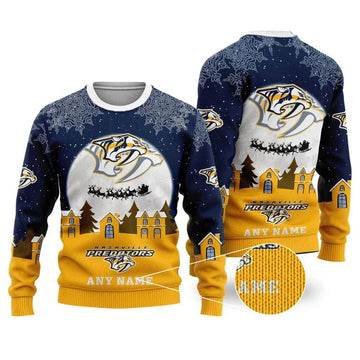 NHL Nashville Predators Personalized Name Ugly Christmas Sweater, NHL Christmas Sweater Moonbestprint