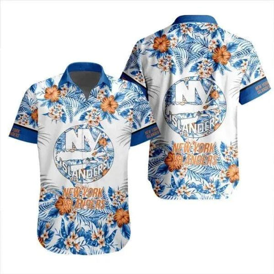 NHL New York Islanders Flower Pattern White 3D Hawaiian Shirt, NHL Hawaiian Shirt Moonbestprint