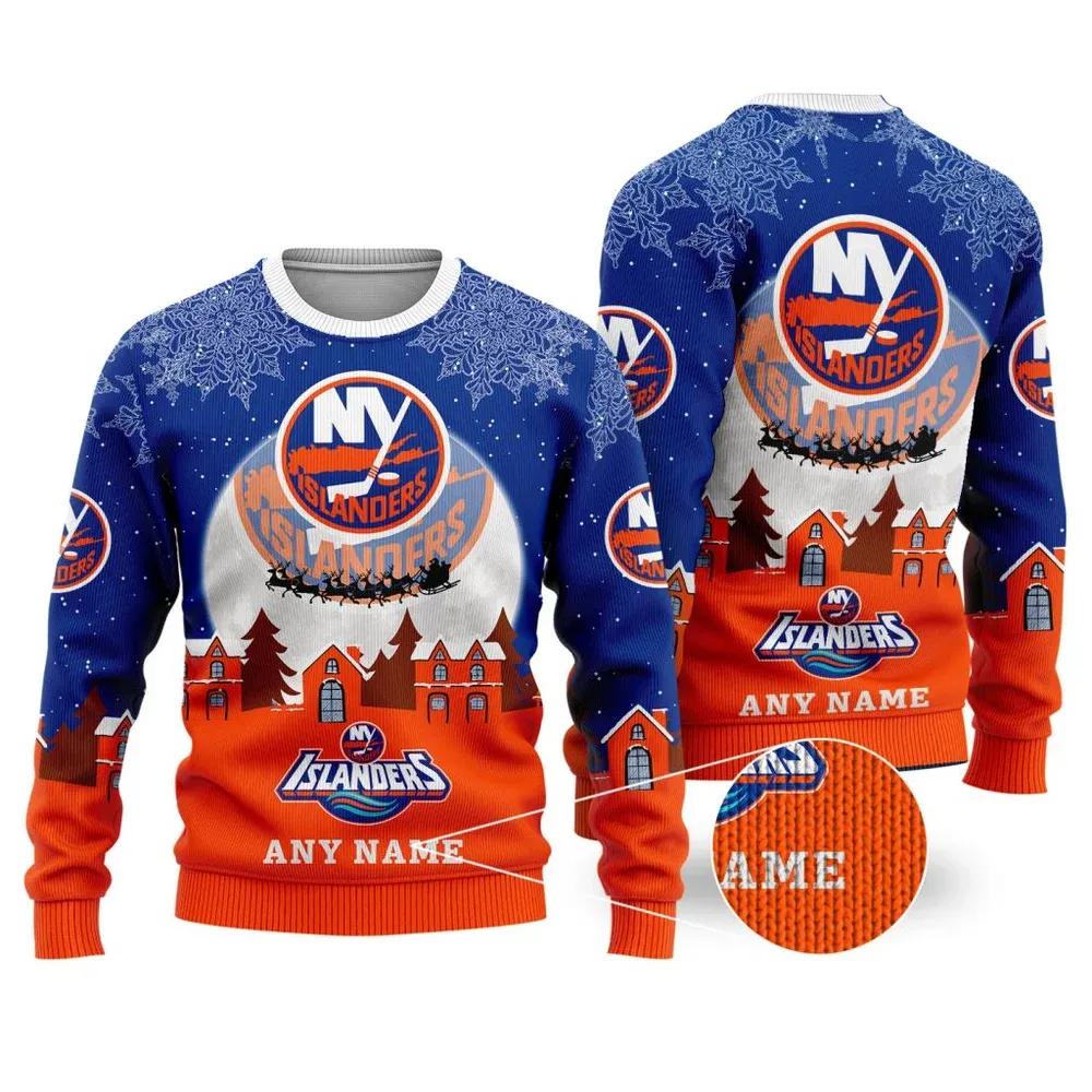 NHL New York Islanders Personalized Name Ugly Christmas Sweater, NHL Christmas Sweater Moonbestprint