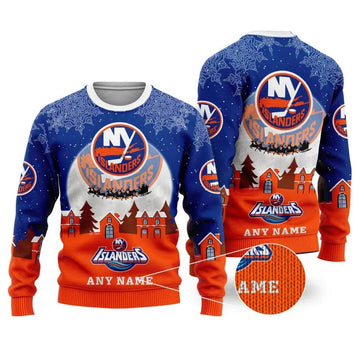 NHL New York Islanders Personalized Name Ugly Christmas Sweater, NHL Christmas Sweater Moonbestprint
