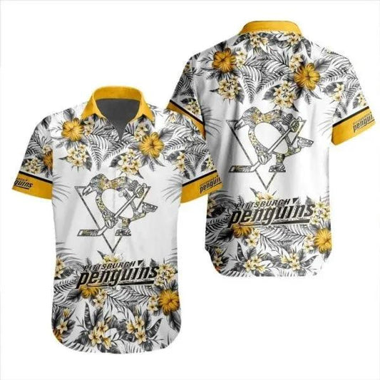 NHL Pittsburgh Penguins Flower Pattern White 3D Hawaiian Shirt, NHL Hawaiian Shirt Moonbestprint