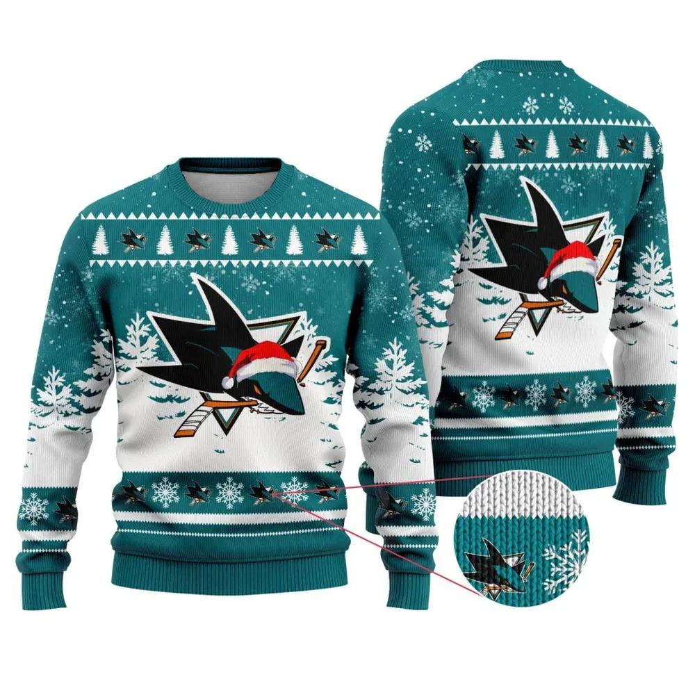 NHL San Jose Sharks Santa Hat Ugly Christmas Sweater, NHL Christmas Sweater Moonbestprint