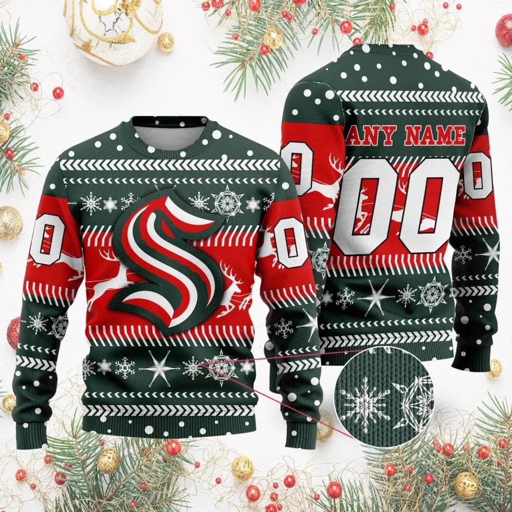 NHL Seattle Kraken Personalized Name & Number Ugly Christmas Sweater, NHL Christmas Sweater Moonbestprint