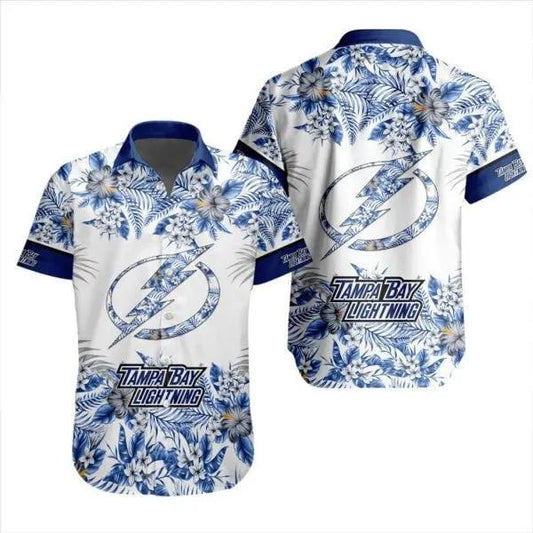 NHL Tampa Bay Lightning Flower Pattern White 3D Hawaiian Shirt, NHL Hawaiian Shirt Moonbestprint