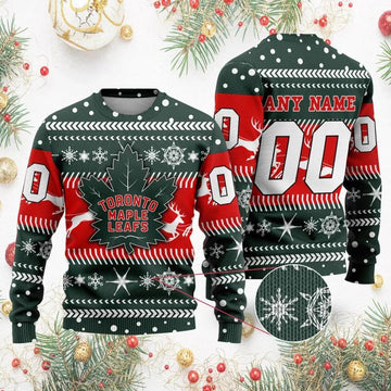 NHL Toronto Maple Leafs Personalized Name & Number Ugly Christmas Sweater, NHL Christmas Sweater Moonbestprint