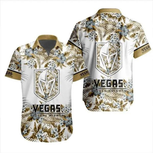 NHL Vegas Golden Knights Flower Pattern White 3D Hawaiian Shirt, NHL Hawaiian Shirt Moonbestprint