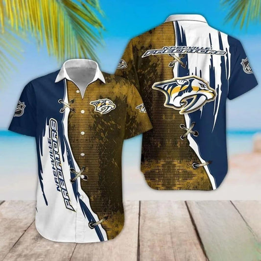 Nashville Predators Dark Yellow And Blue Hawaiian Shirt, NHL Hawaiian Shirt Moonbestprint