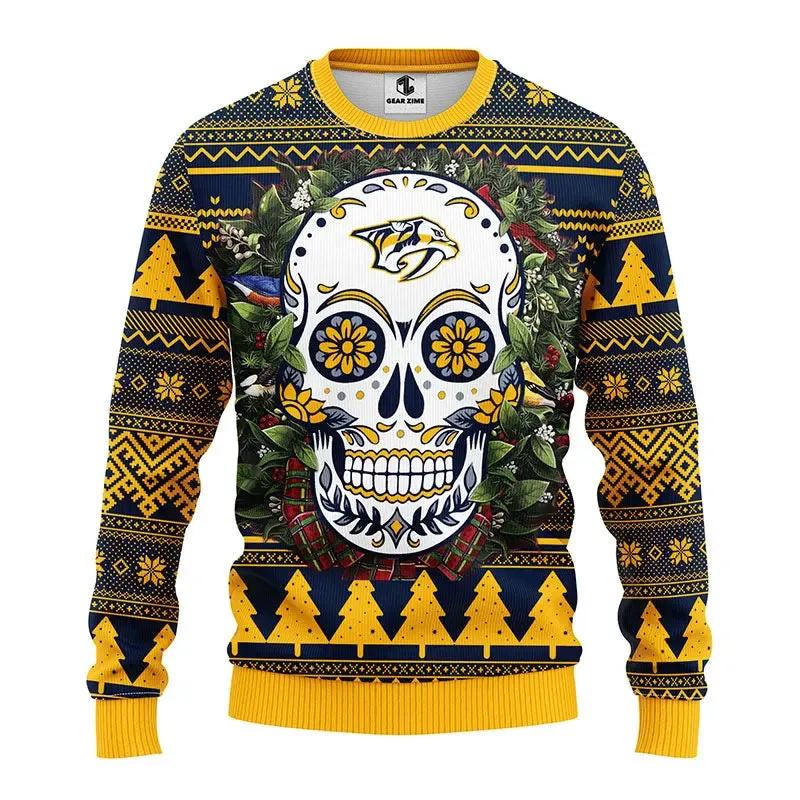 Nashville Predators Skull Flower Ugly Christmas Sweater, NHL Christmas Sweater Moonbestprint