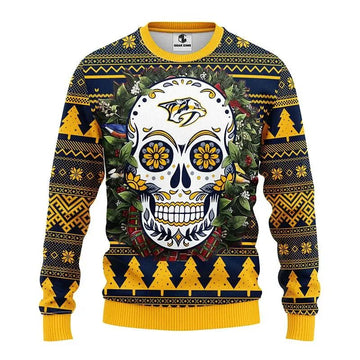 Nashville Predators Skull Flower Ugly Christmas Sweater, NHL Christmas Sweater Moonbestprint