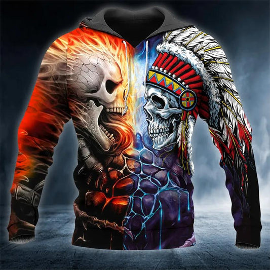Native American Warrior vs Lava Fire Skull 3D Hoodie Moonbestprint
