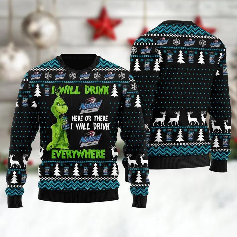 Natural Ice Grinch Will Drink Everywhere Ugly Sweater, Grinch Holiday Sweater Moonbestprint