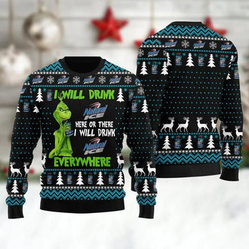 Natural Ice Grinch Will Drink Everywhere Ugly Sweater, Grinch Holiday Sweater Moonbestprint