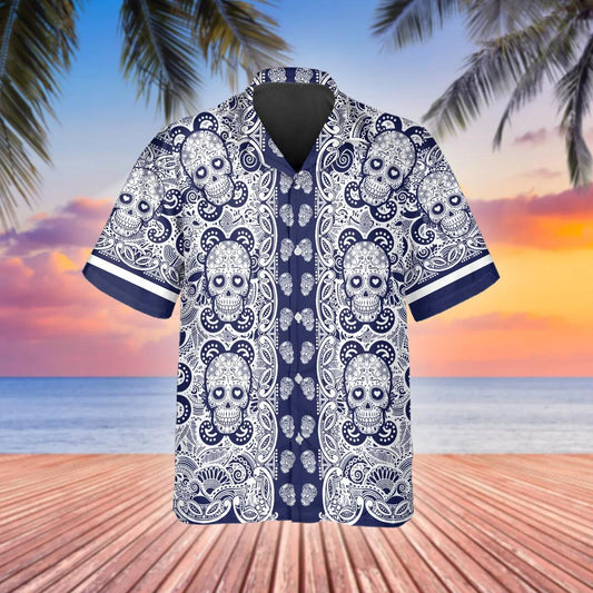 Navy Pattern Color Skull Hawaiian Shirt, Hawaiian Button Up Shirt, Tropical Shirts For Men Moonbestprint