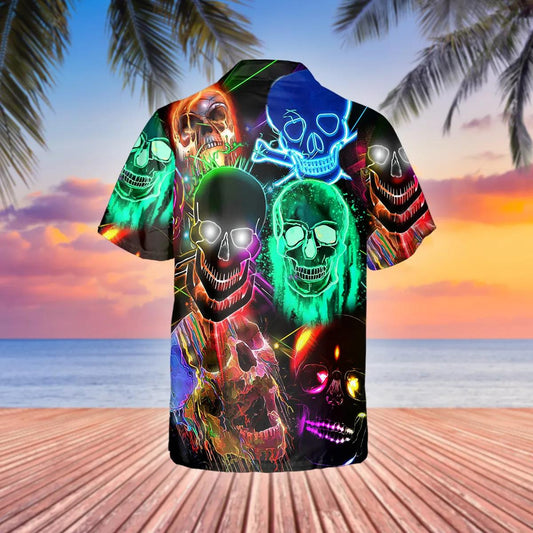 Neon Light Skull Hawaiian Shirt, Hawaiian Button Up Shirt, Tropical Shirts For Men Moonbestprint