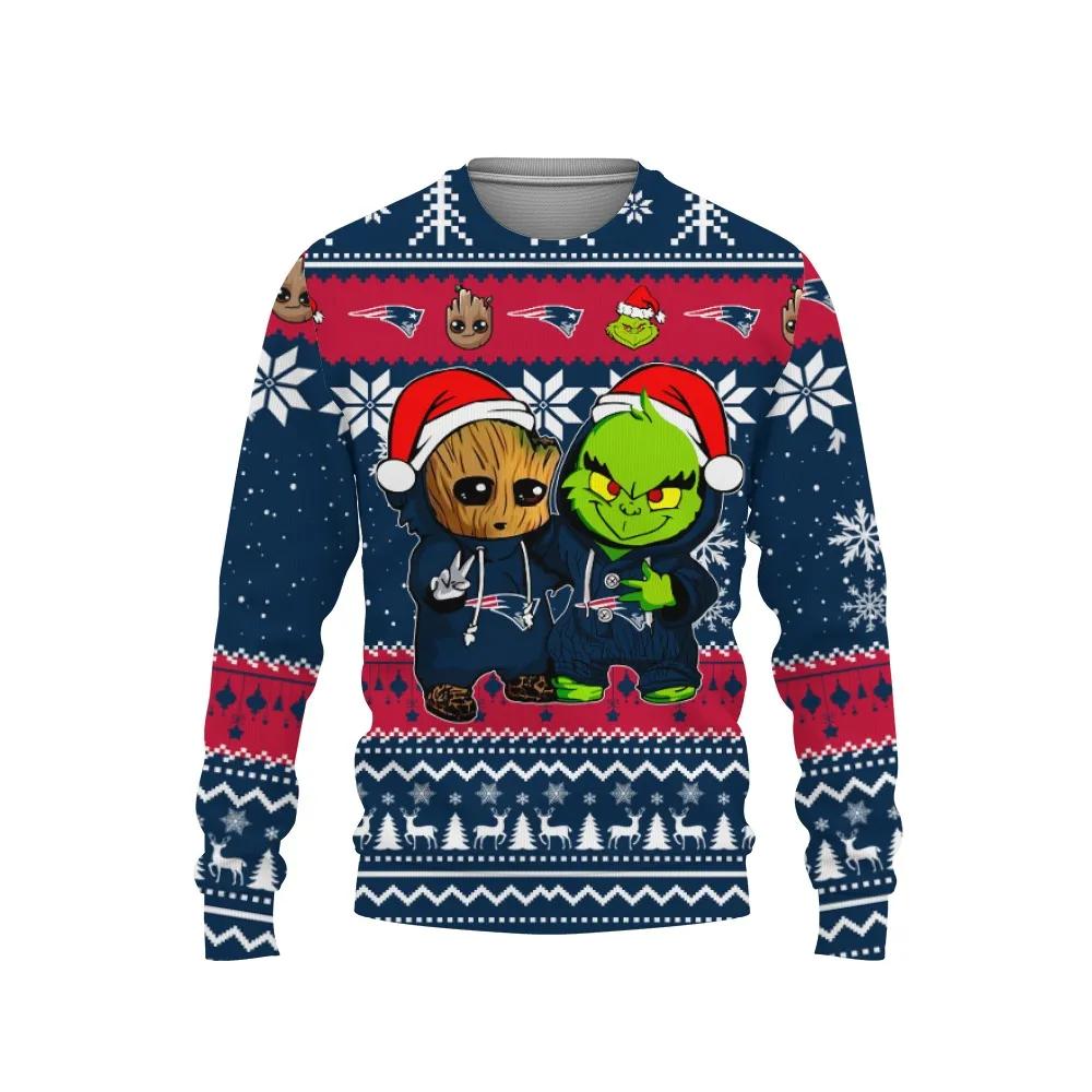 New England Patriots Baby Groot And Grinch Best Friends Ugly Christmas Sweater, NFL Christmas Sweater Moonbestprint