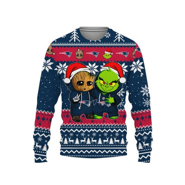 New England Patriots Baby Groot And Grinch Best Friends Ugly Christmas Sweater, NFL Christmas Sweater Moonbestprint