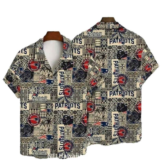 New England Patriots Beige Tribal Patchwork Pattern Hawaiian Shirt - Moonbestprint
