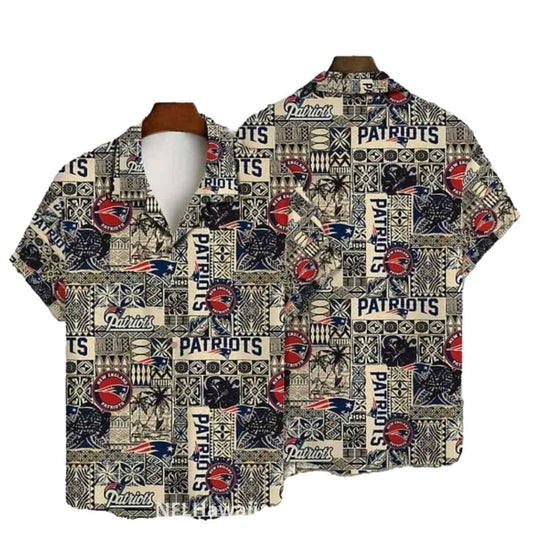 New England Patriots Beige Tribal Patchwork Pattern Hawaiian Shirt - Moonbestprint