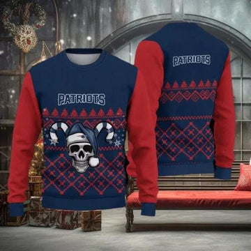 New England Patriots Christmas Skull Ugly Christmas Sweater, NFL Chritsmas Sweater Moonbestprint