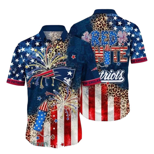 New England Patriots Fireworks And Leopard Print Hawaiian Shirt - Moonbestprint