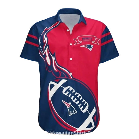 New England Patriots Flaming Football Red And Blue Hawaiian Shirt - Moonbestprint