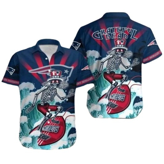 New England Patriots Grateful Dead Skull And Guitar Tribute Hawaiian Shirt - Moonbestprint