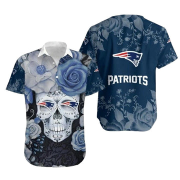New England Patriots Light Blue Rose Skull Hawaiian Shirt - Moonbestprint