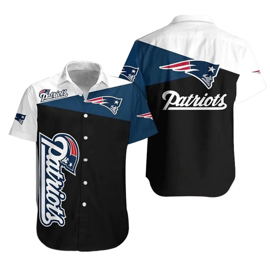 New England Patriots Logo Black White And Blue Hawaiian Shirt - Moonbestprint