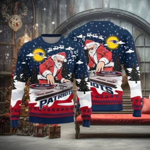 New England Patriots Logo Knitted Funny DJ Santa Ugly Christmas Sweater, NFL Chritsmas Sweater Moonbestprint